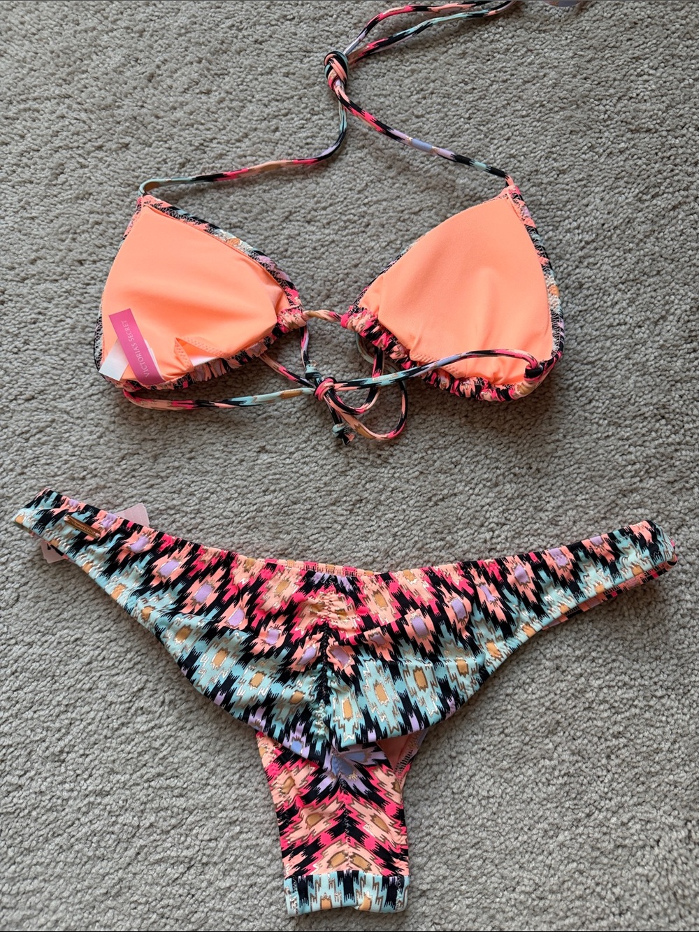 Victoria's Secret Neon Coral & Multicolor Ikat Triangle Bikini - Picture 2 of 9